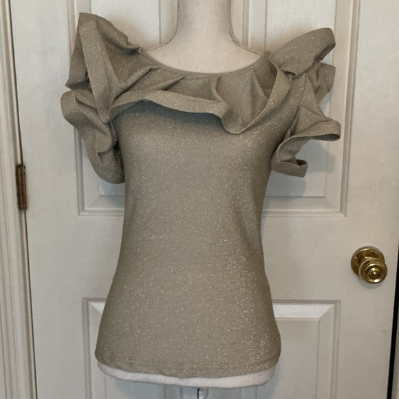 Gracia Tops - NWOT Gracia Silver Metallic Ruffled Shoulder Top